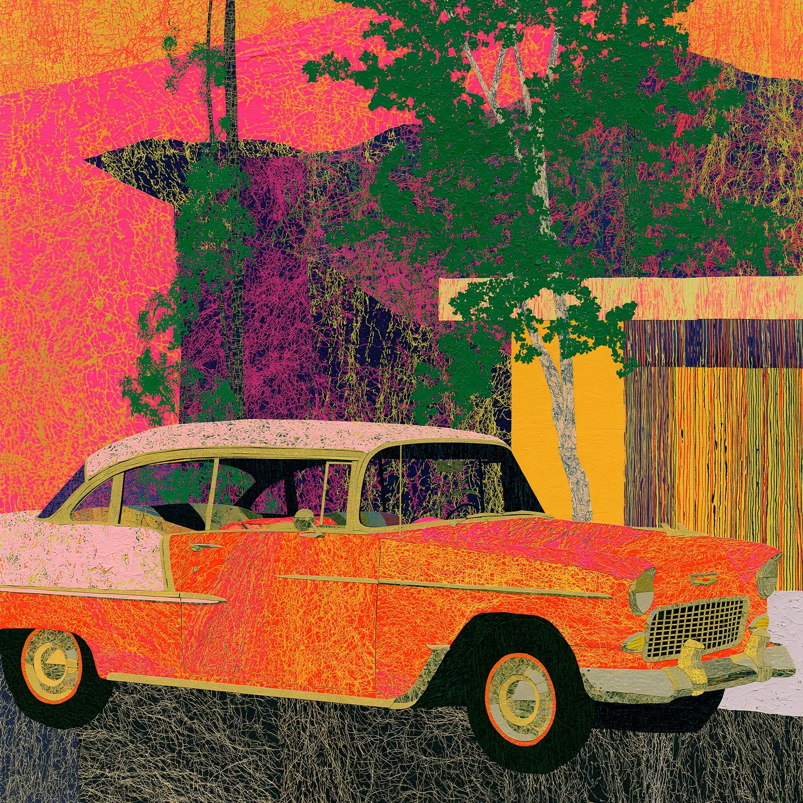 Orange and pink 1955 Chevrolet before a shadowed house and trees rendered in fuchsia, green, gold, and black.