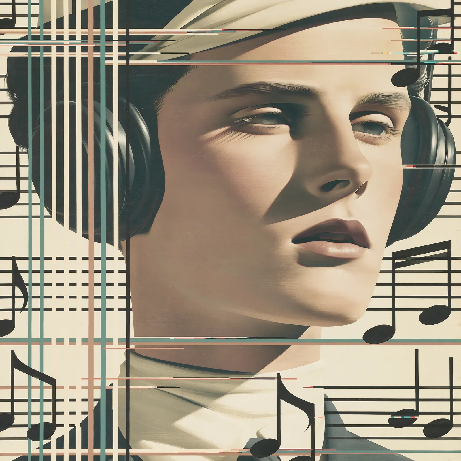 Stylized portrait of a woman wearing large headphones amid black musical notes and fine teal, cream, and pink lines.