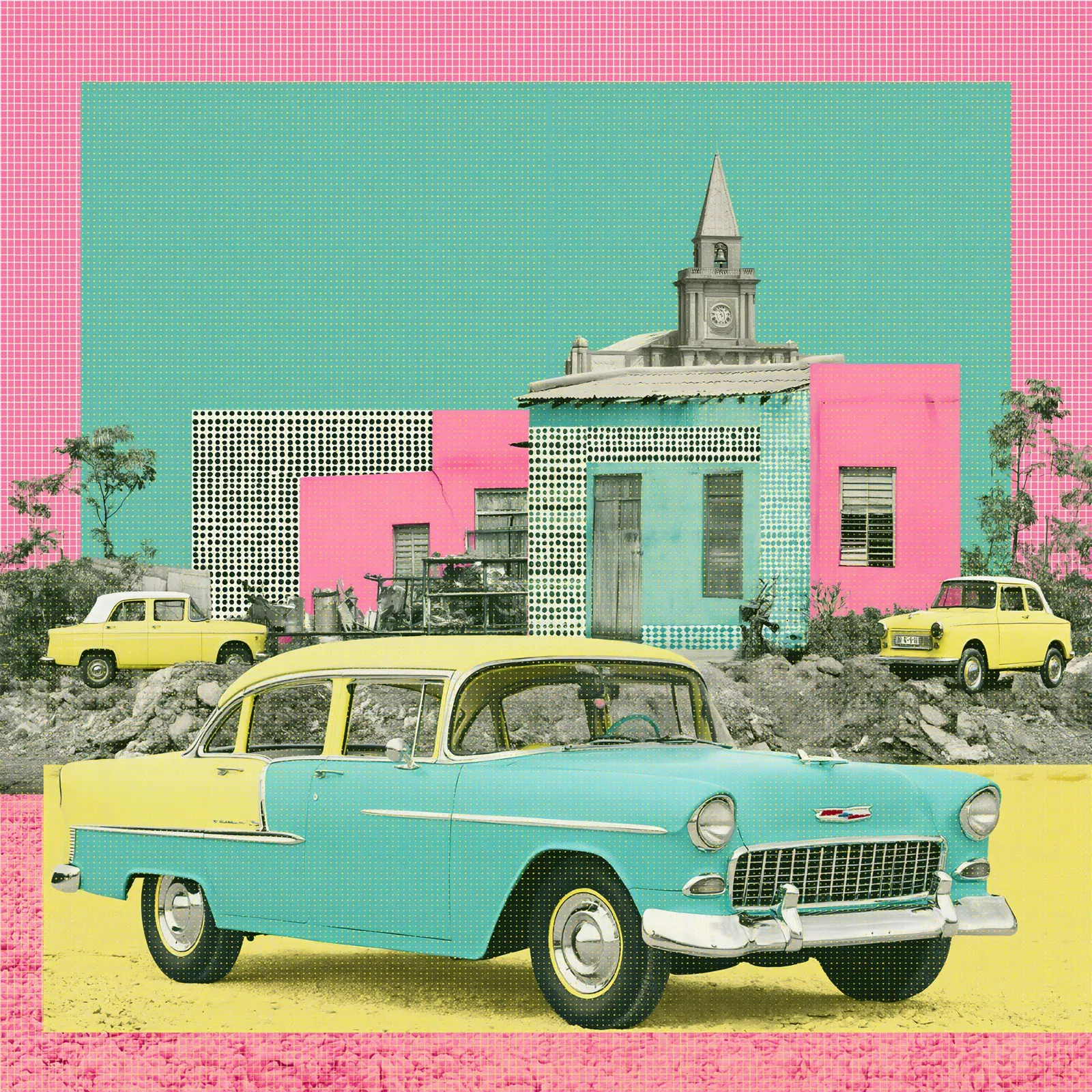 Turquoise and cream 1955 Chevrolet before a small civic building, repeated yellow cars, and a pink color-block border.