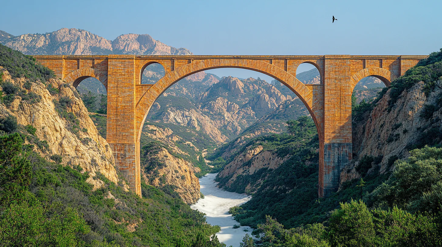 Warm stone bridge spanning a green mountain gorge and river, with one small bird crossing the blue sky.