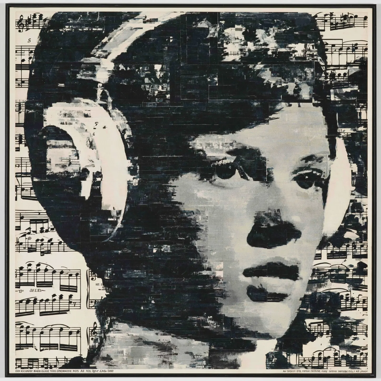 Black-and-white painterly portrait of a woman, half in shadow, surrounded by collaged fragments of sheet music.