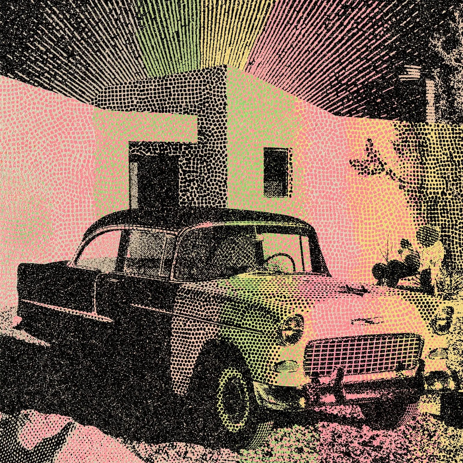 Black and pink 1955 Chevrolet in a stippled courtyard of black, cream, and pale pink beneath a high arched roof.