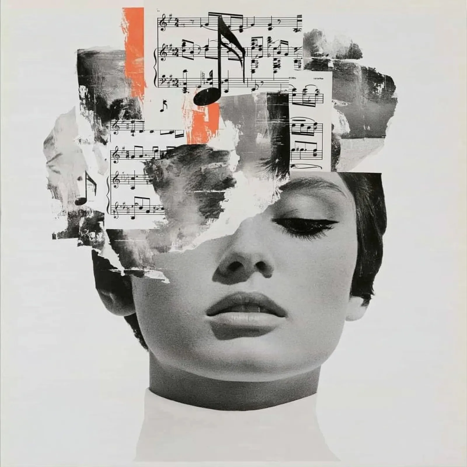 Pale portrait with closed eyes, one side veiled by black and gray brushwork, printed music, and a single orange mark.