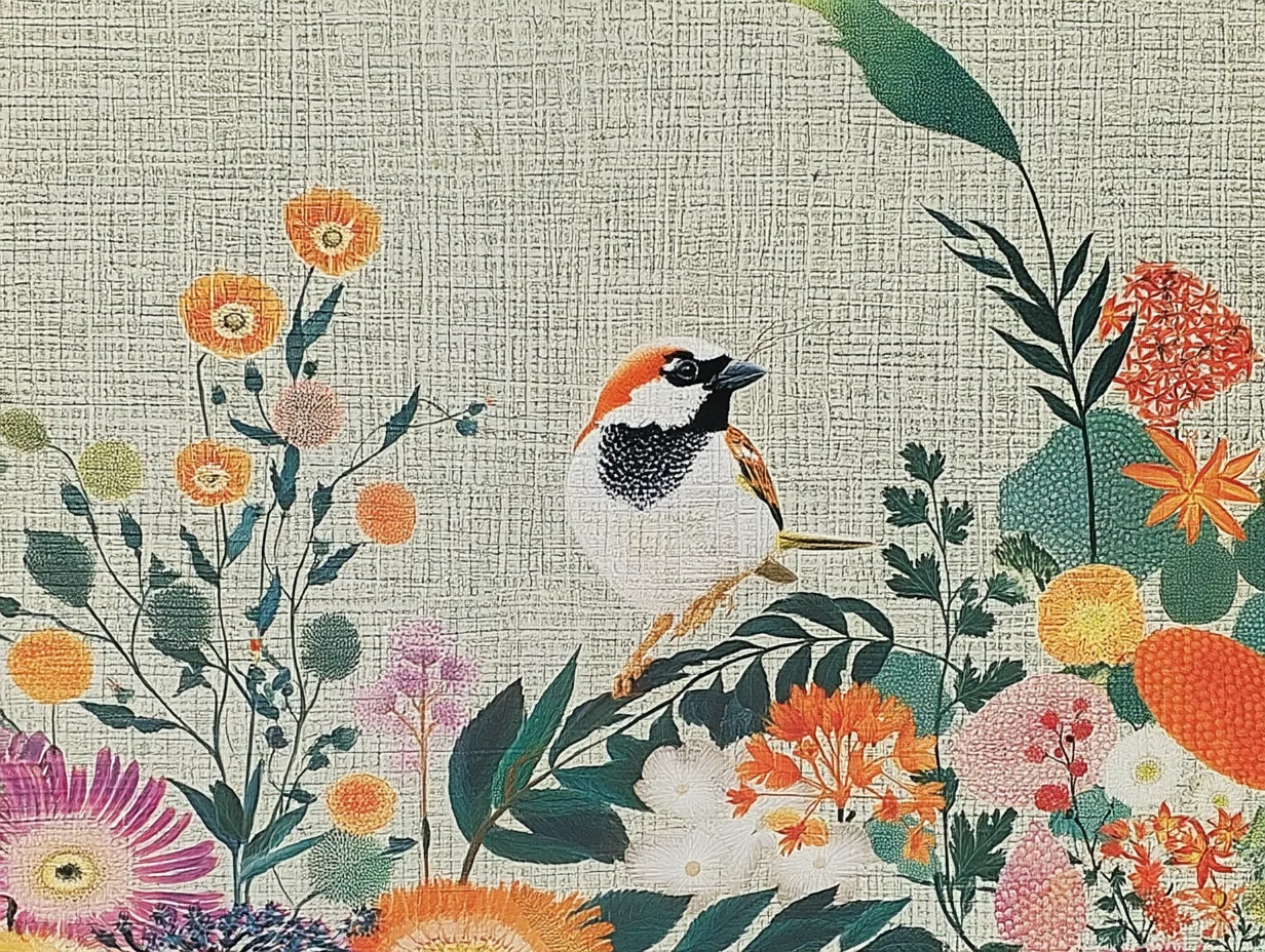 Small bird perched among a dense embroidered garden of orange, coral, lavender, and deep green flowers.