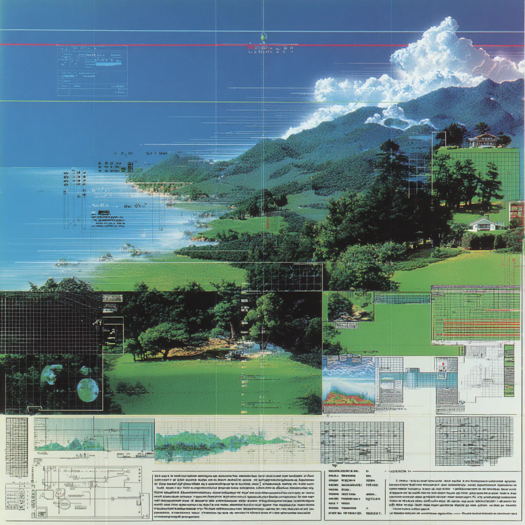 Green hills and blue water beneath bright clouds, overlaid with delicate grids, maps, diagrams, and fragments of notation.