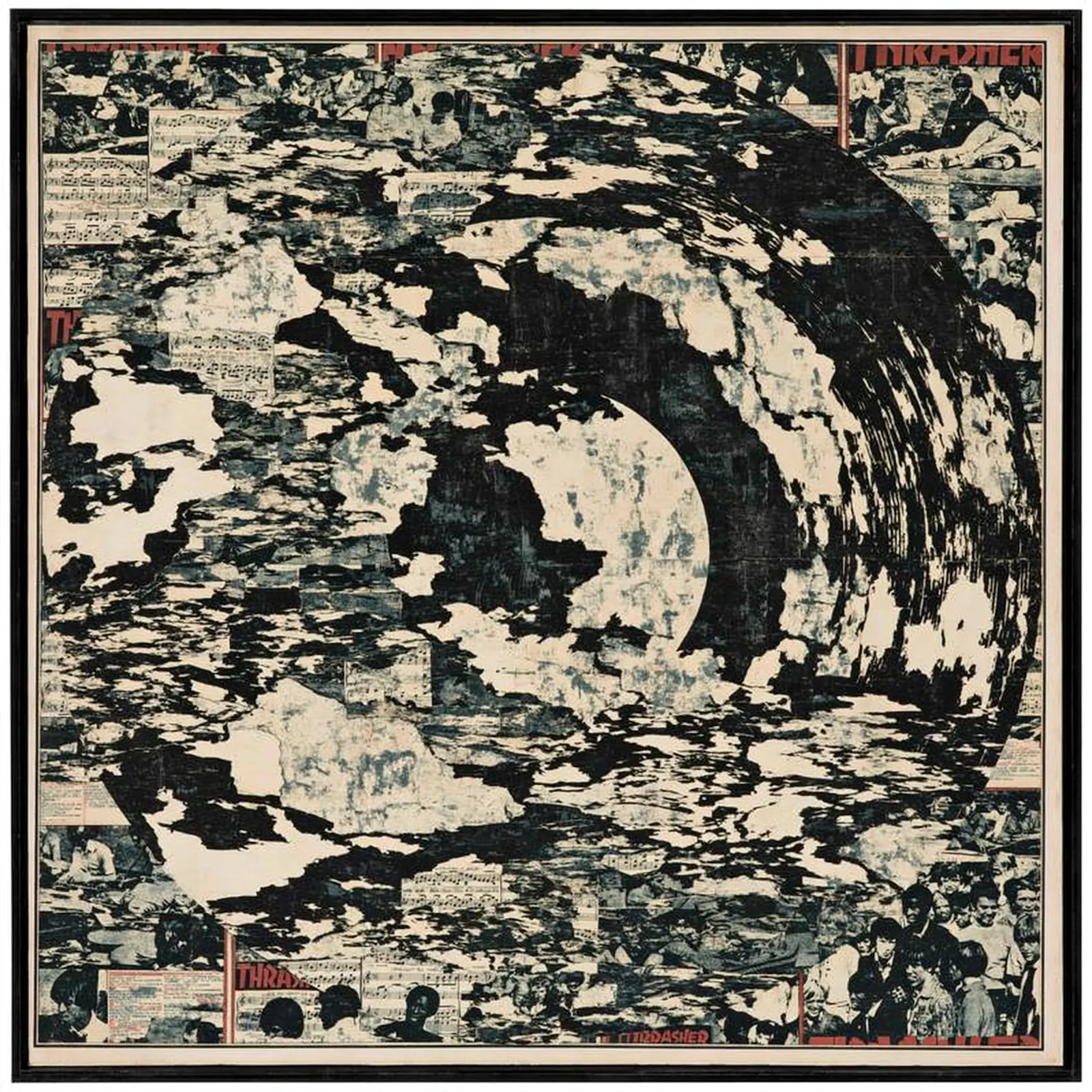 Black-and-cream collage of a curling abstract storm around a pale circular center, with sheet music and small crowds at the edges.