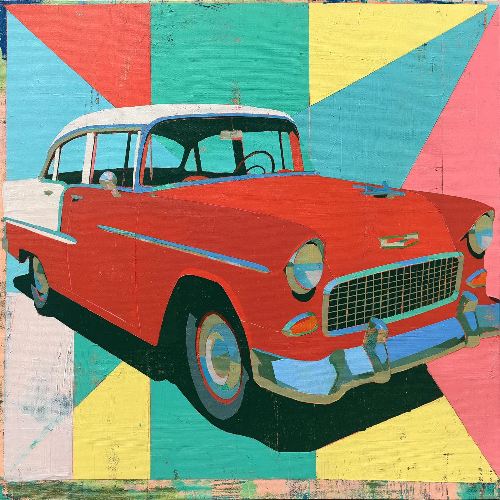 Red and white 1955 Chevrolet as a bold icon against turquoise, coral, yellow, and cream geometric fields.