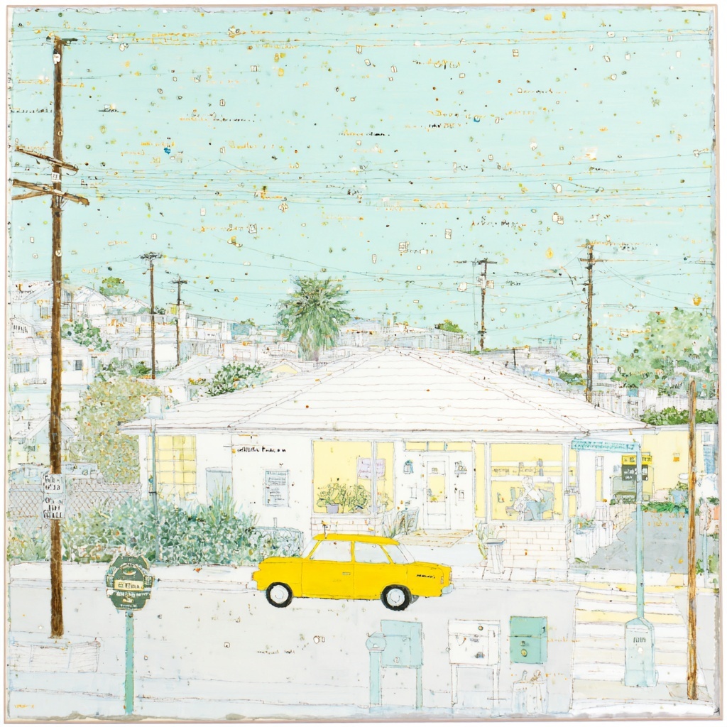 Bright watercolor street with a yellow car