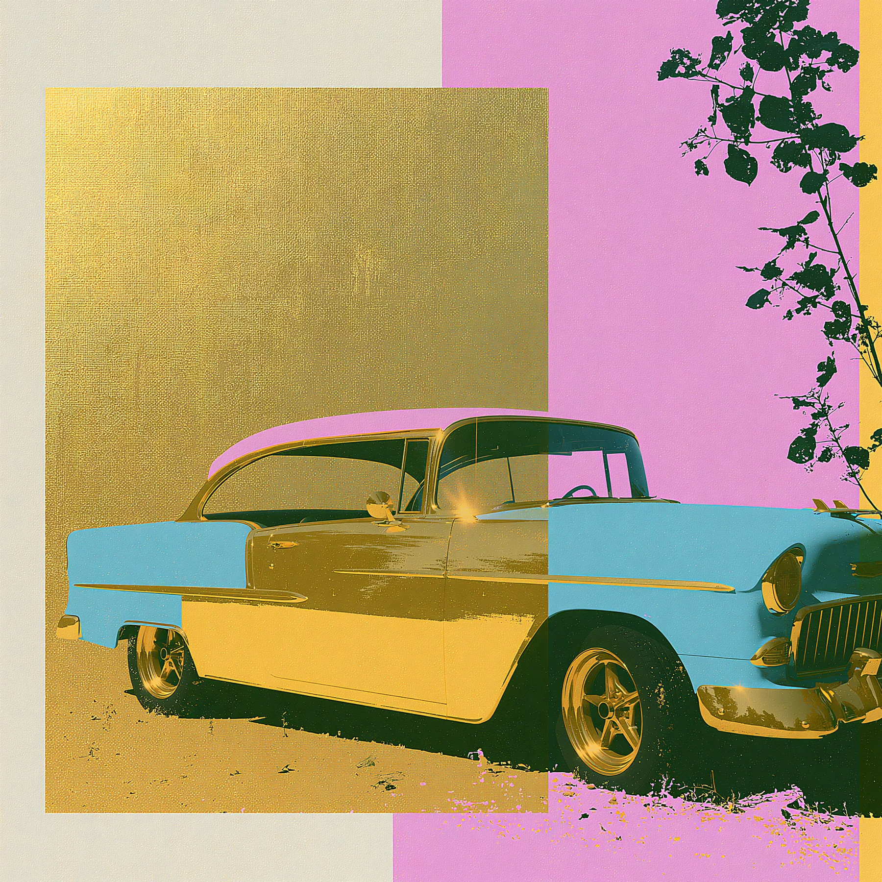 Pop-art collage of a turquoise and ochre 1955 Chevrolet beneath pink, gold, and cream geometric fields, with a dark leafy branch at right.