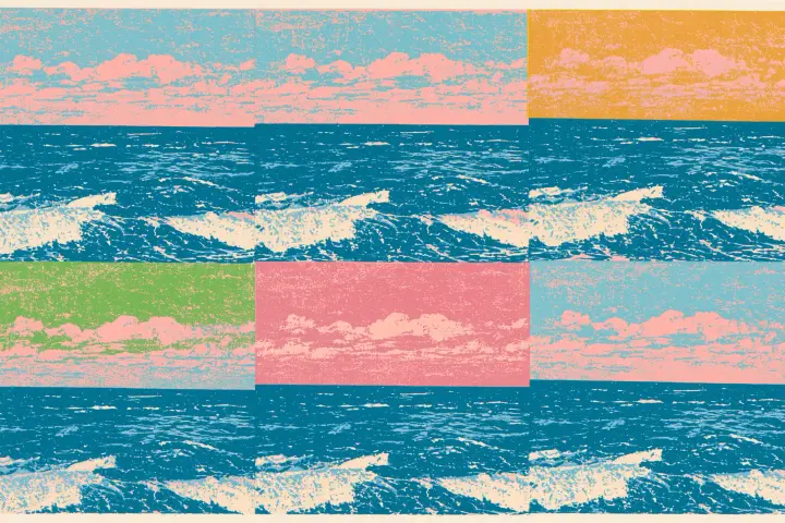 Riso print grid: pink clouds over blue breaking waves, six panels