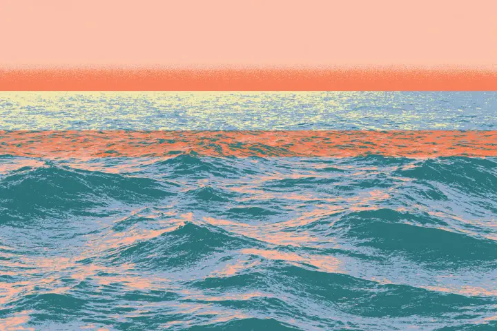 Riso print: teal open-ocean swells under a peach sunset sky