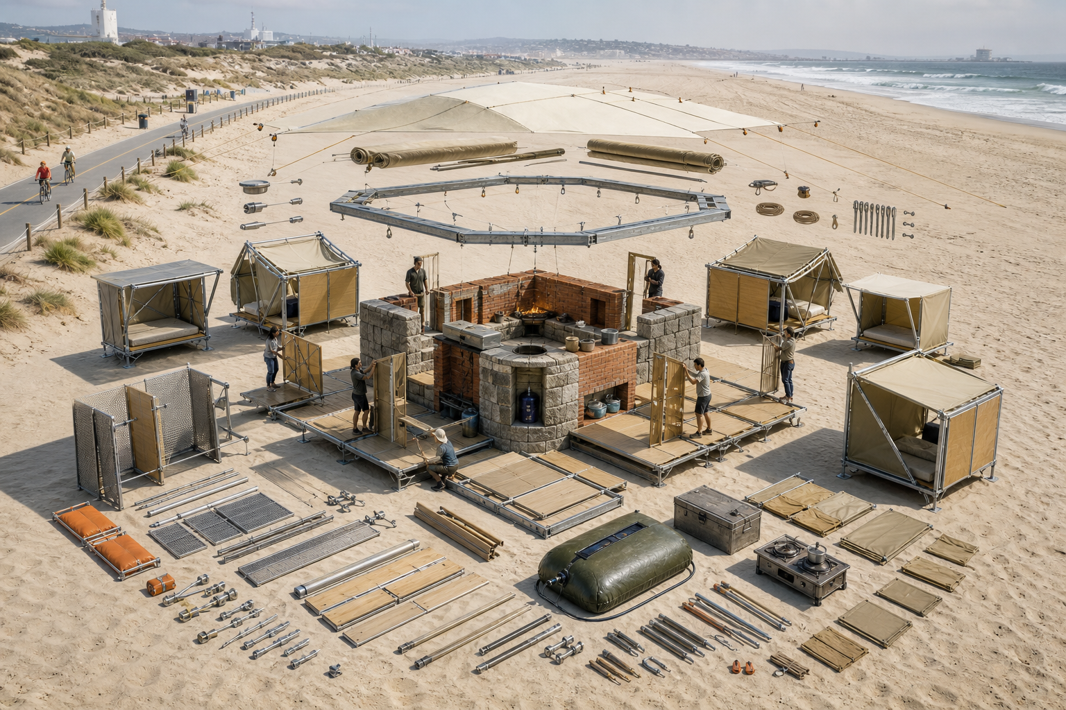 Exploded architectural view of a brick-and-stone beach service core surrounded by removable decks, aluminum frames, canvas rooms, tools, and people assembling the parts on sand.
