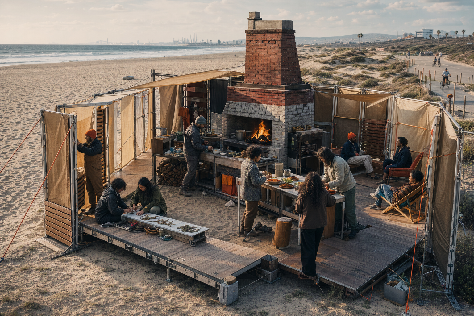 Ten people gather in a modular beach courtyard around a brick-and-stone hearth.