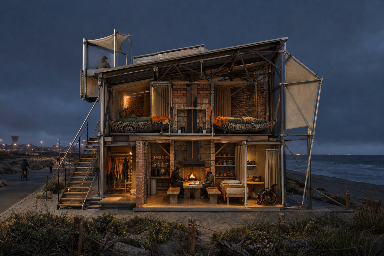 Night cutaway through a two-level beach habitat with a braced aluminum frame, warm brick hearth, ground-level accessible berth, upper sleeping nets, stairs, and a small lookout.