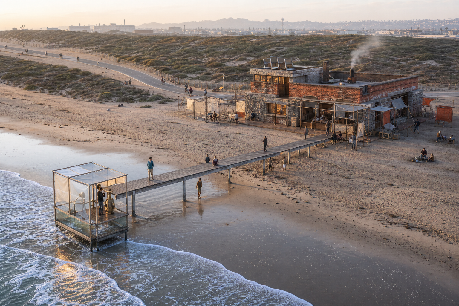Oblique dawn view from the ocean toward a brick beach commons on dry sand and a narrow removable boardwalk leading to a tiny open tide-observation room at the wet-sand edge.