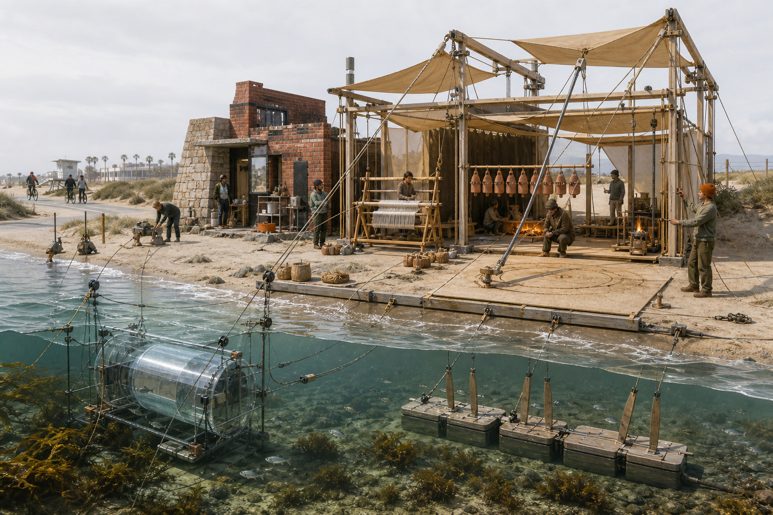 Cutaway of a removable beach workshop where gentle wave motion travels through lines and pulleys to operate a loom, ceramic chimes, a sand-drawing arm, and a small light.