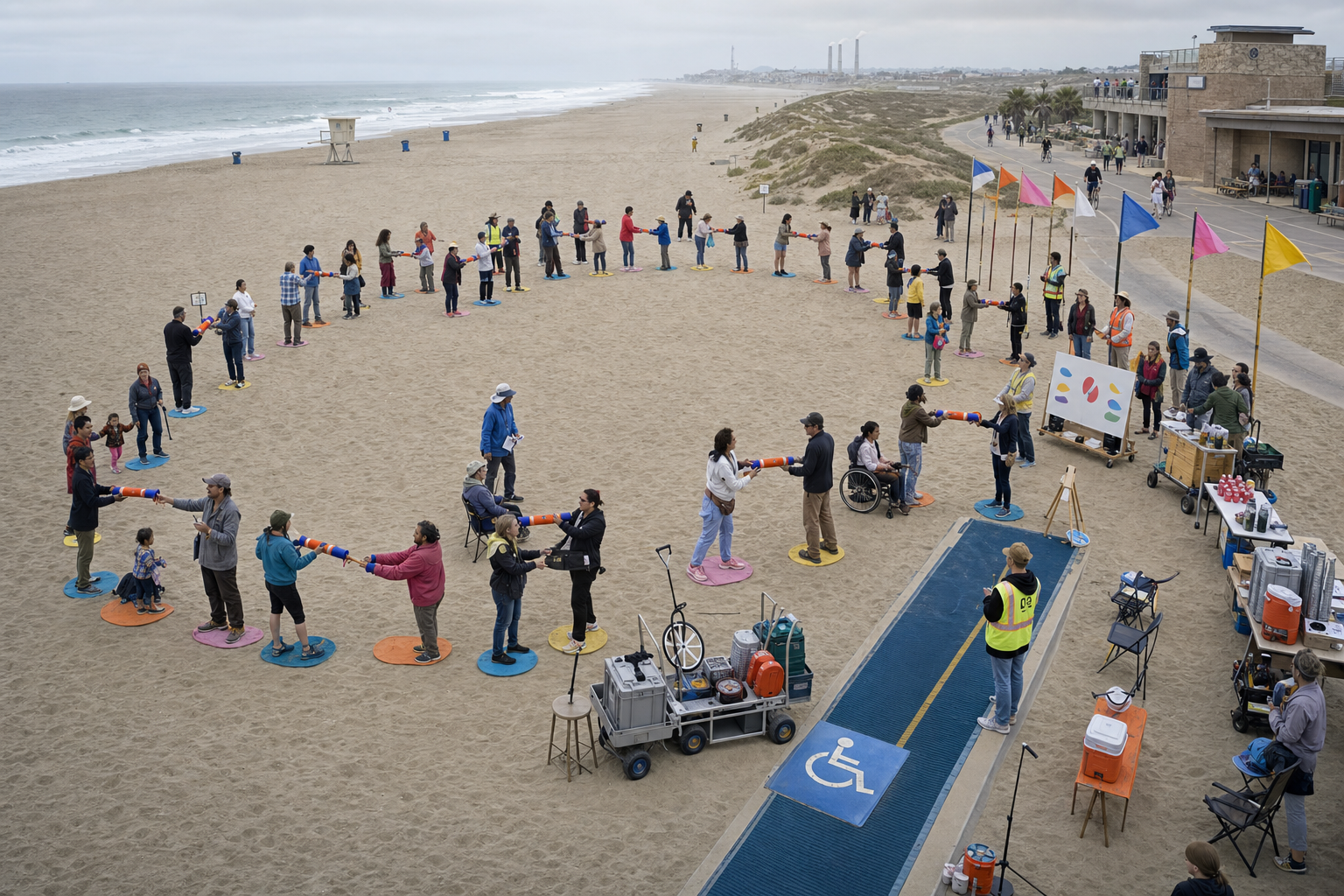 A broad intergenerational relay arc begins on dry sand at Dockweiler with a soft orange and blue baton, removable pads, analog carts, and an open access lane.
