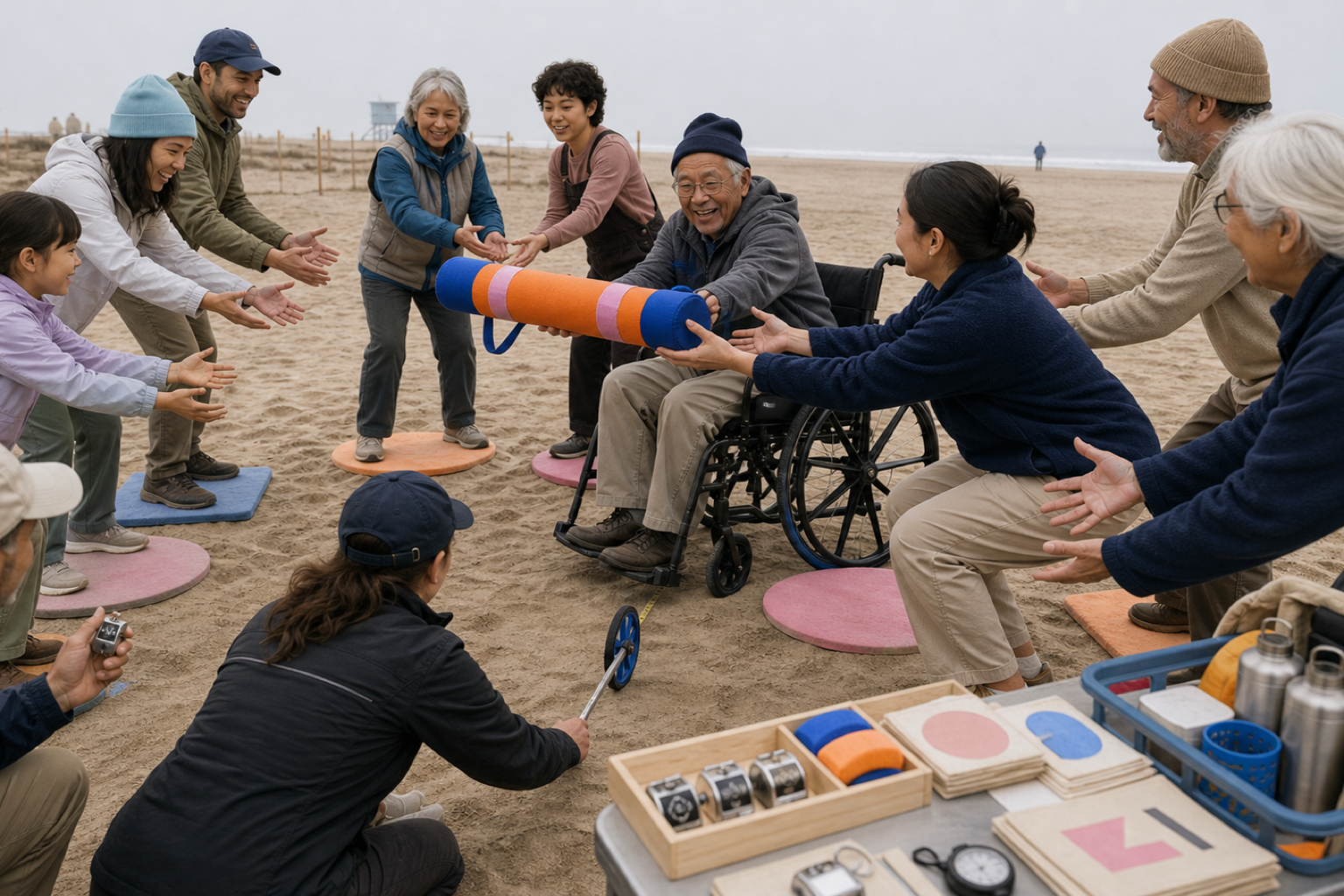 A mixed-age, mixed-ability group passes a large padded baton hand to hand on soft geometric pads while a steward uses a walking wheel.