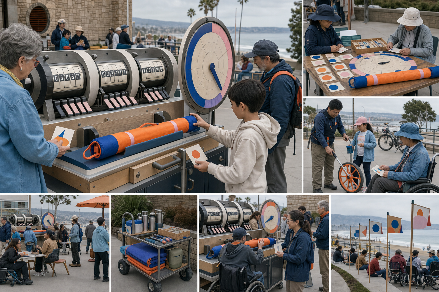 An accessible analog score station uses mechanical counters, blank color tiles, clocks, route wheels, and a padded baton cradle.