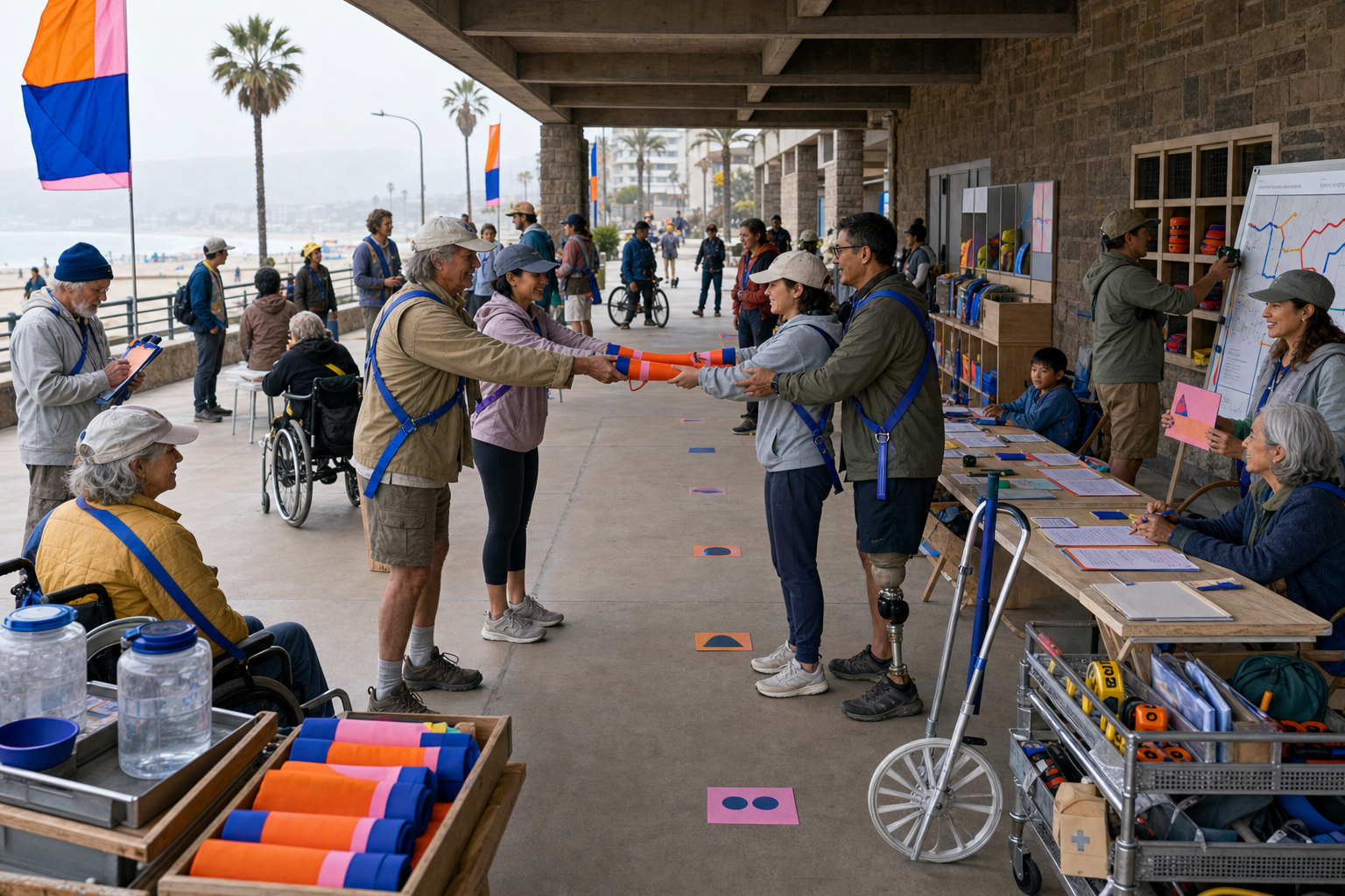 A temporary relay station beneath a sturdy coastal terrace offers water, seats, route cards, repair supplies, and a ceremonial handoff while an open aisle remains clear.