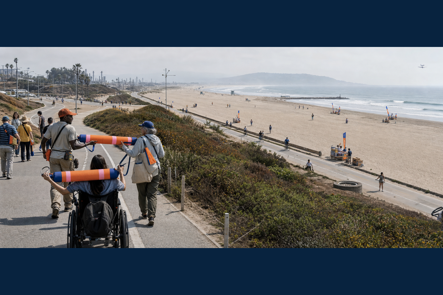 A wide coastal panorama imagines small hosted handoff stations separated along the South Bay while walkers carry the baton on a pedestrian route and the bicycle path stays open.