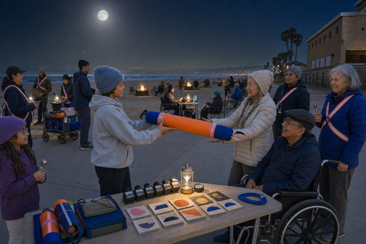 At blue hour, participants pass the padded baton on paved space while permitted fire rings remain distant in the background and a hand bell marks the transfer.