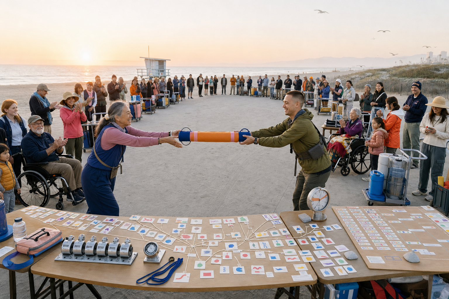 The same orange and blue padded baton returns at sunrise through an inclusive community arc beside anonymous route cards and packed carts