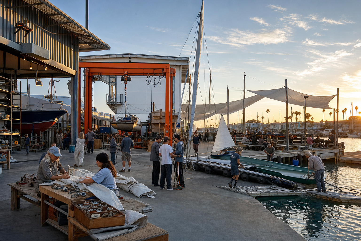 A useful marina combines repair, public launch, shared worktables, and calm harbor life.