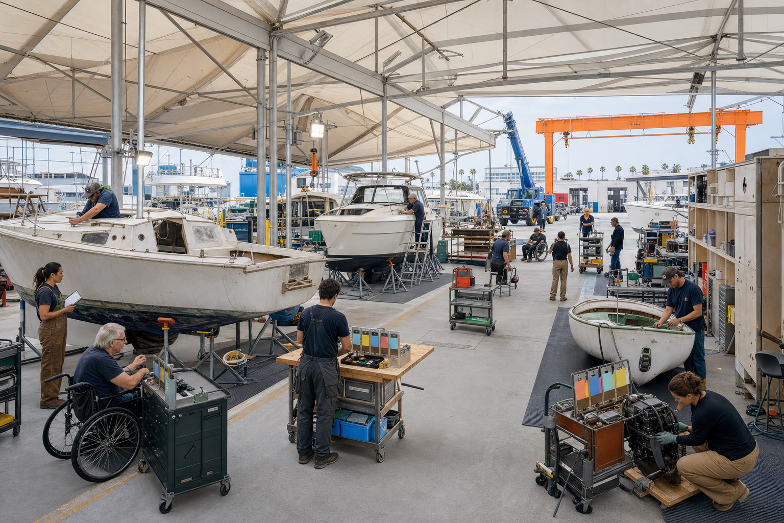 A bright covered boatyard hall holds small vessels on proper stands while trained workers use contained tool stations and abstract inspection tags.