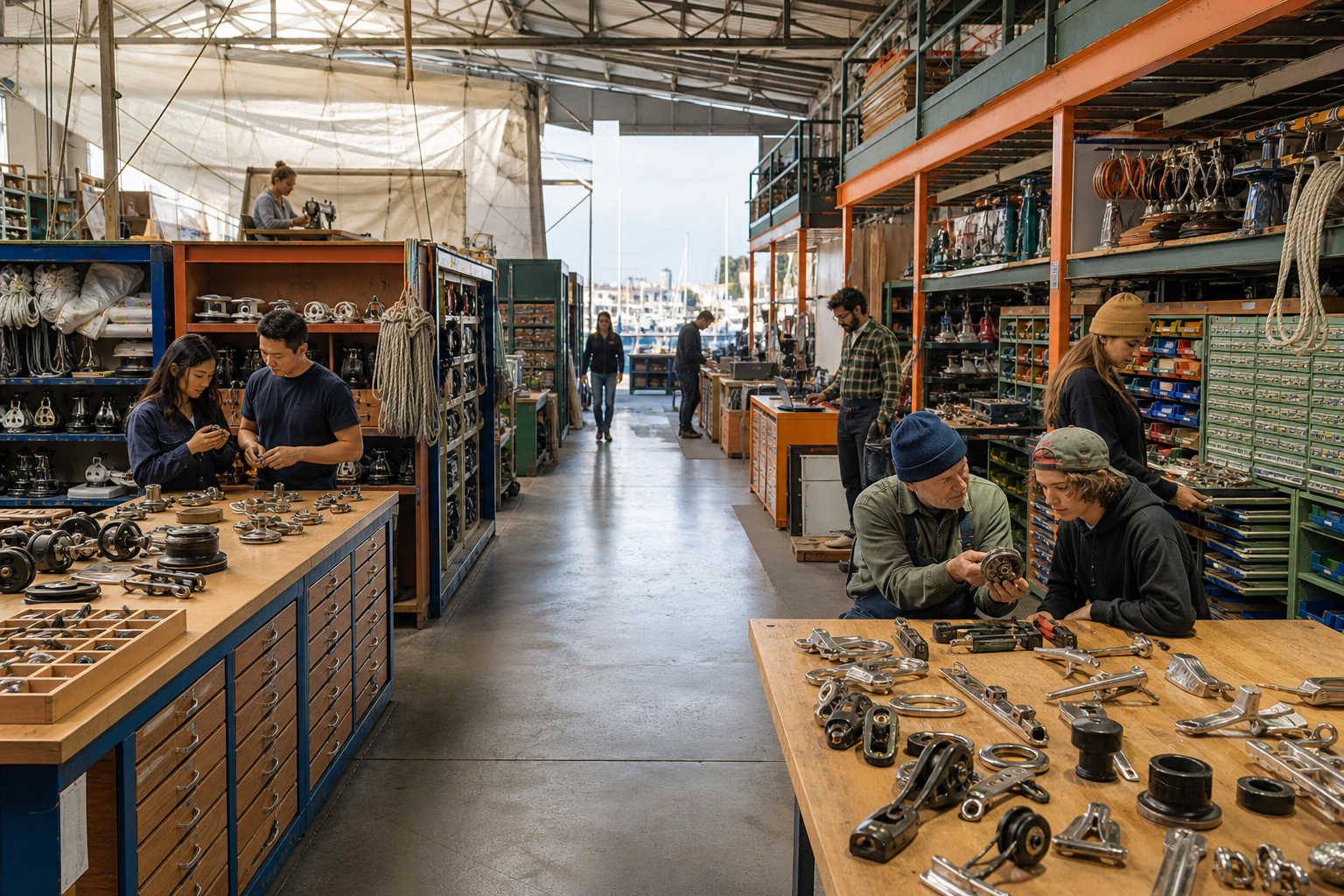 An orderly marine material library catalogs blocks, cleats, rope, lights, winches, hatches, sails, motors, tools, and plywood around communal worktables.