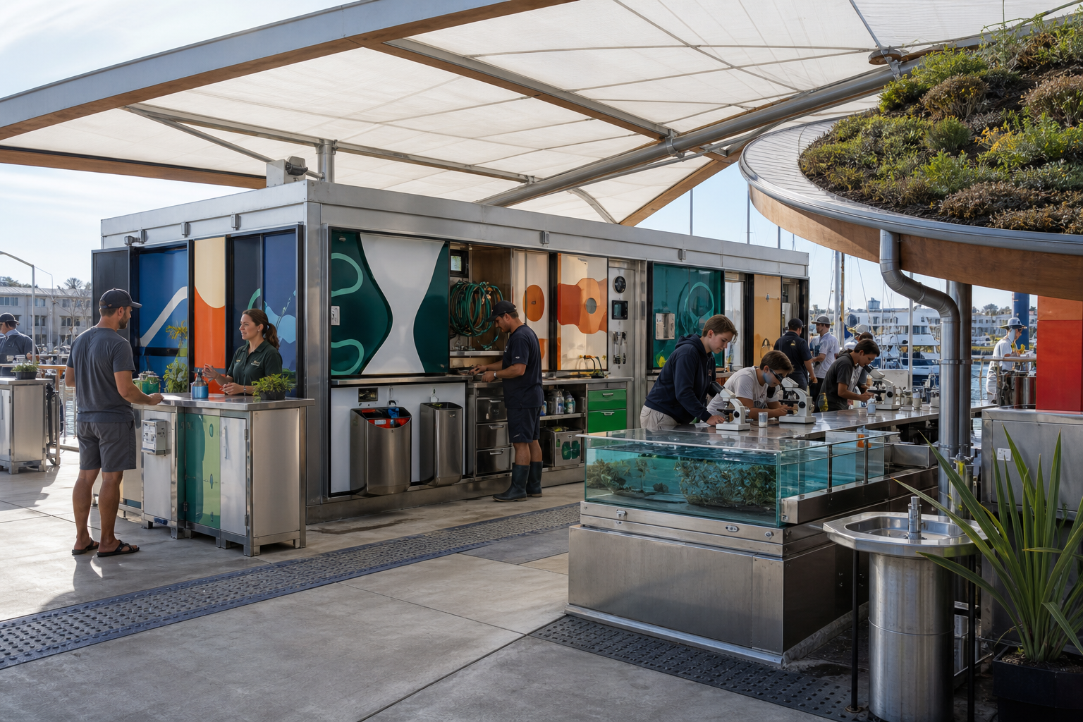 A clean marina service pavilion combines sealed fluid return, absorbent-pad exchange, diagnostics, handwashing, water study, rain capture, and planted filtration.