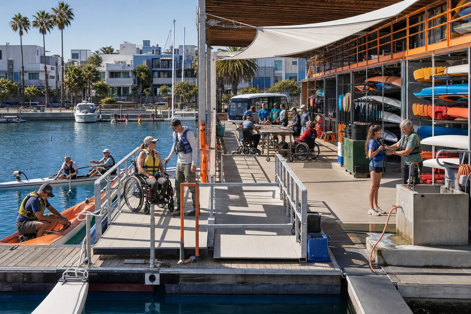 An accessible marina launch provides stable transfers, handrails, PFD fitting, shared kayaks and small sailboats, contained rinsing, tool checkout, and open paths.