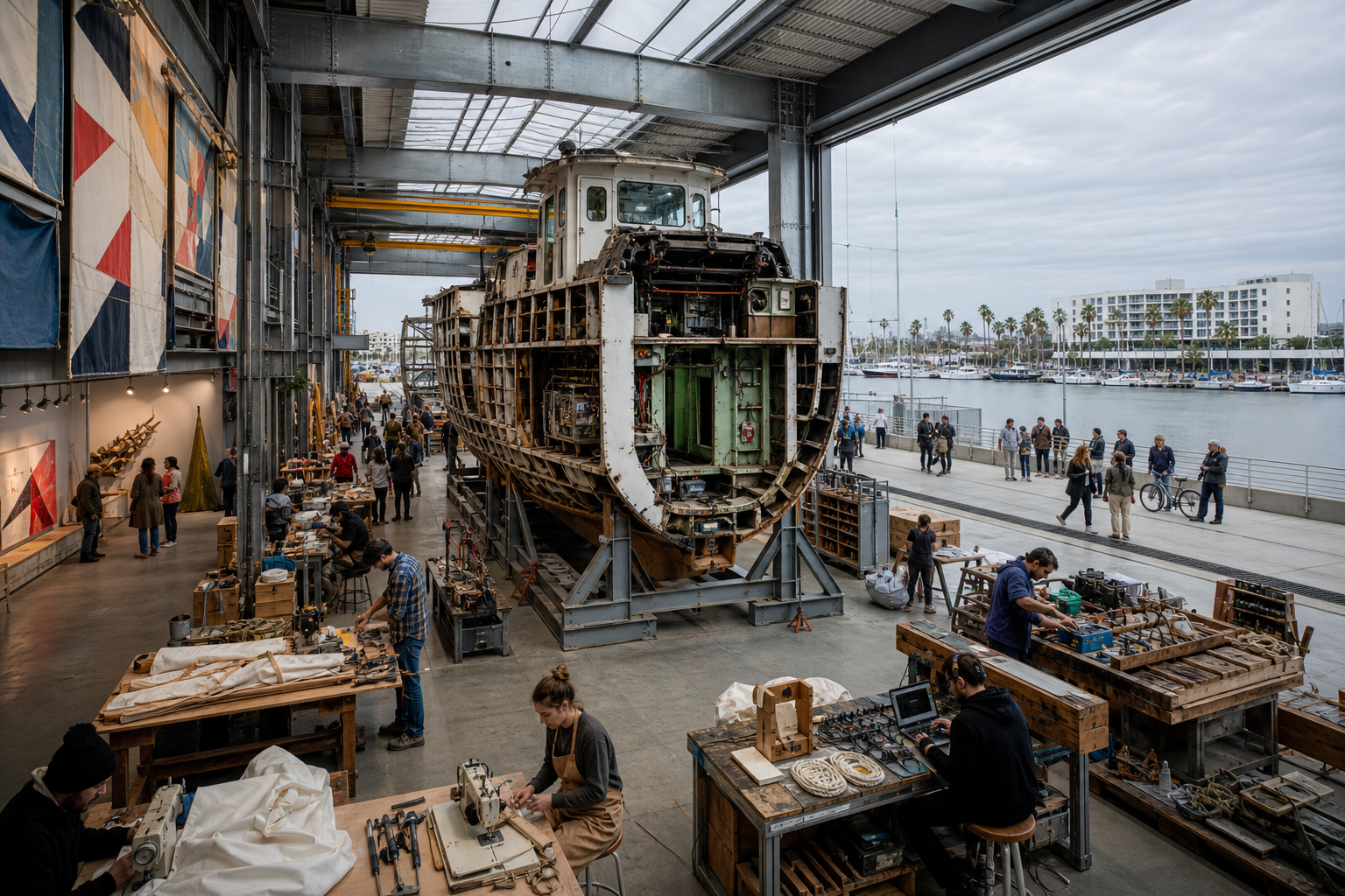 A certified former workboat rests in a steel cradle on land as a safe architectural cutaway surrounded by sailmaking, electronics, clean-material craft, and a separated promenade.