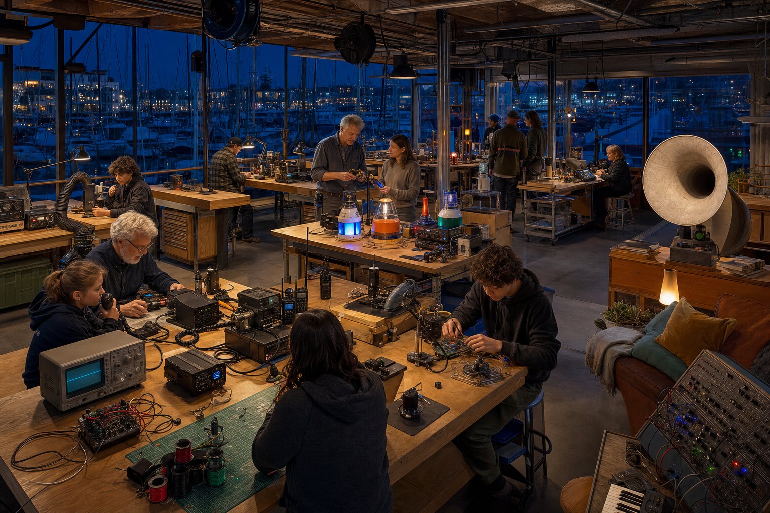 A blue-hour marine electronics workshop holds VHF training benches, navigation-light repairs, oscilloscopes, solder extraction, illuminated buoy models, and a quiet listening corner.