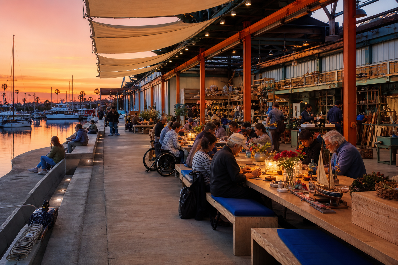 At sunset a long accessible harbor table gathers workers, students, elders, families, sail mending, models, flowers, tea, and quiet music beside packed tool carts and calm water.