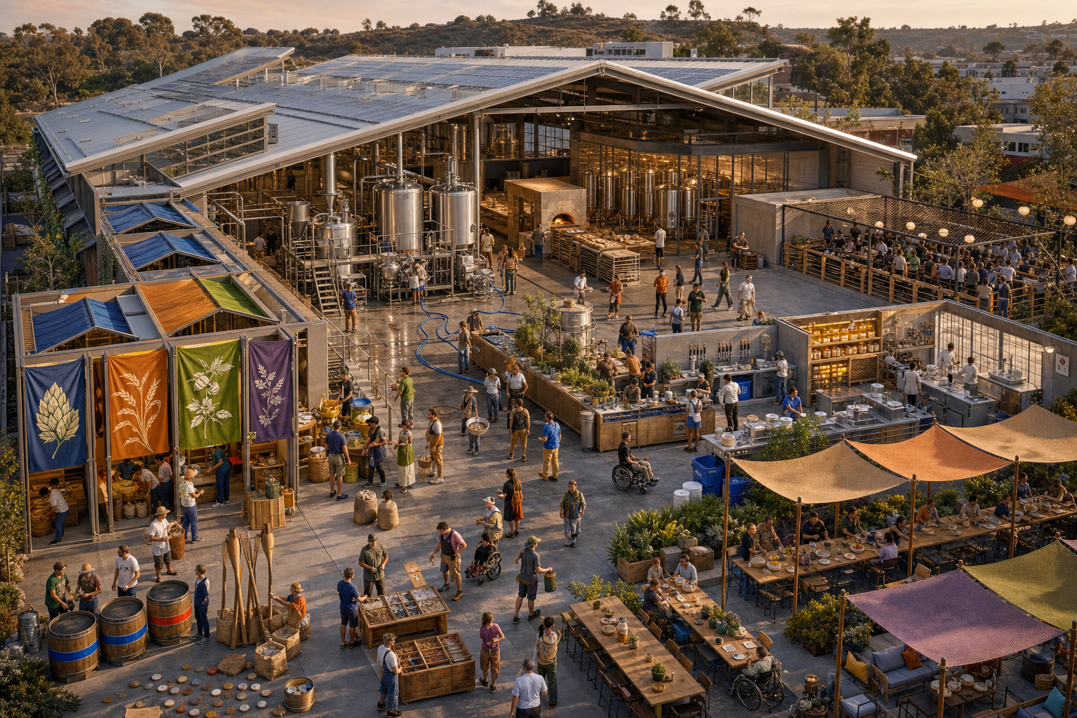 A community fermentation campus combines a shared brewhouse, bread ovens, honey tables, four team bays, shade, accessible paths, and one long public table.