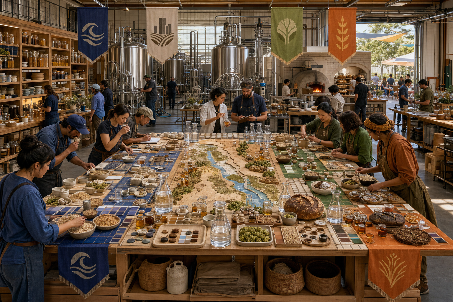 Four teams gather around an immense tiled recipe table with grain, hops, rice, rye, honey, bread, water carafes, aroma vessels, and miniature brewing equipment.