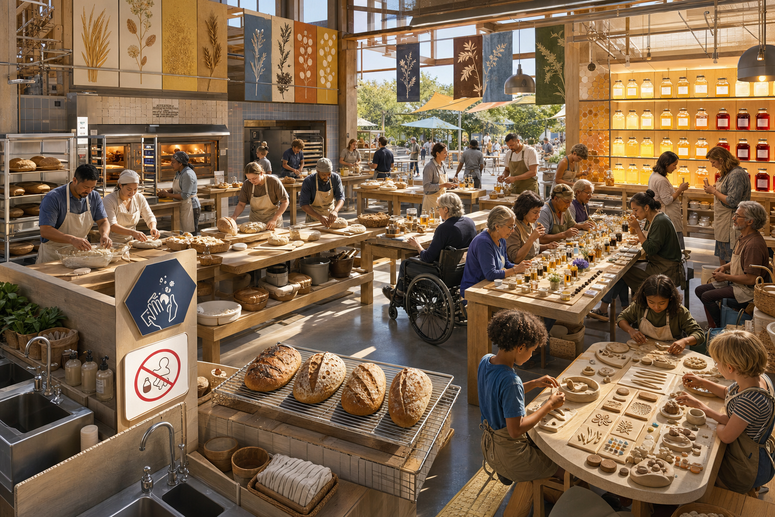 A bright permitted bakery and honey library brings bakers, beekeepers, elders, children, and wheelchair users together around ovens, cooling racks, covered samples, and honey arranged by color.