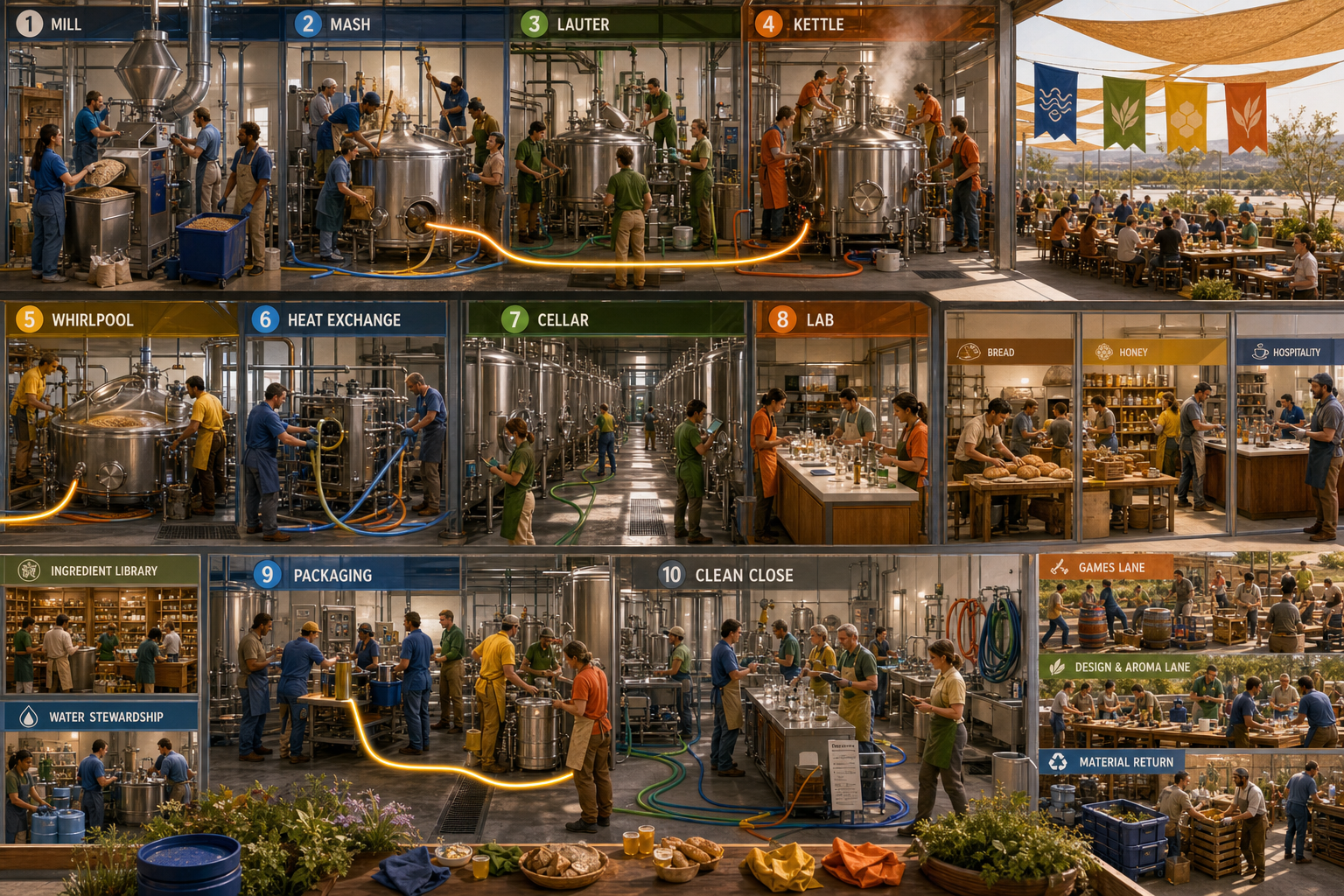 A cutaway brewery shows a glowing baton moving through milling, mashing, lautering, boiling, cooling, cellaring, laboratory work, packaging, hospitality, and cleanup.