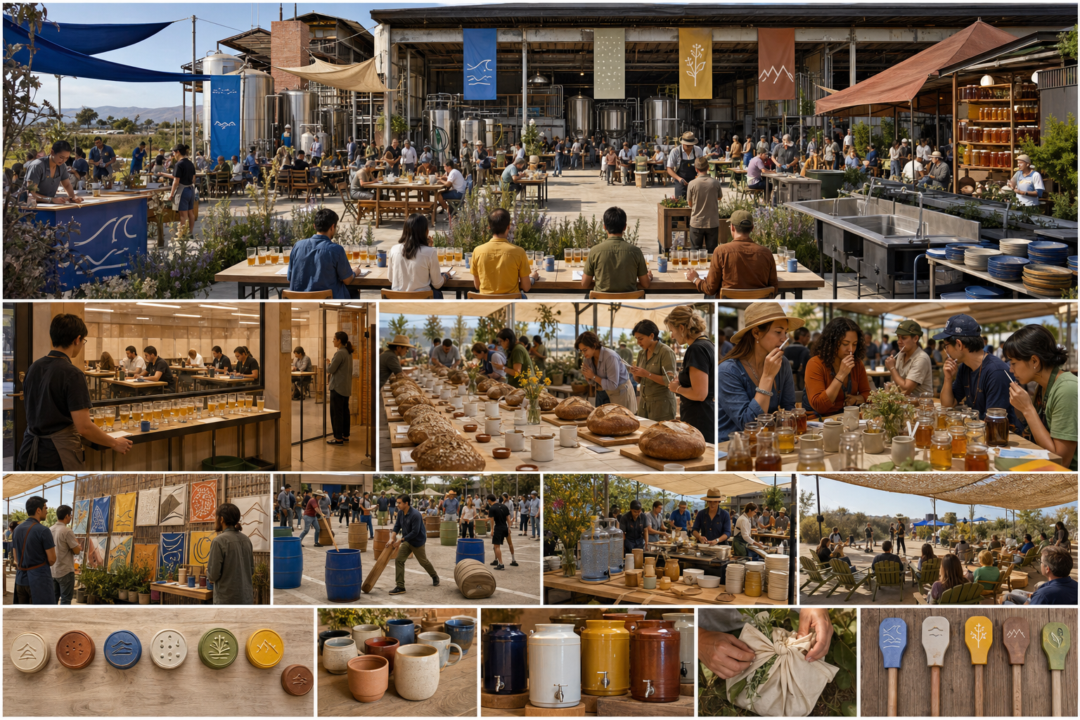 A regional fermentation cup fills a licensed brewery yard with blind adult beer judging, bread tables, honey aroma work, games, abstract flags, ceramic awards, food, water, shade, and accessible seating.