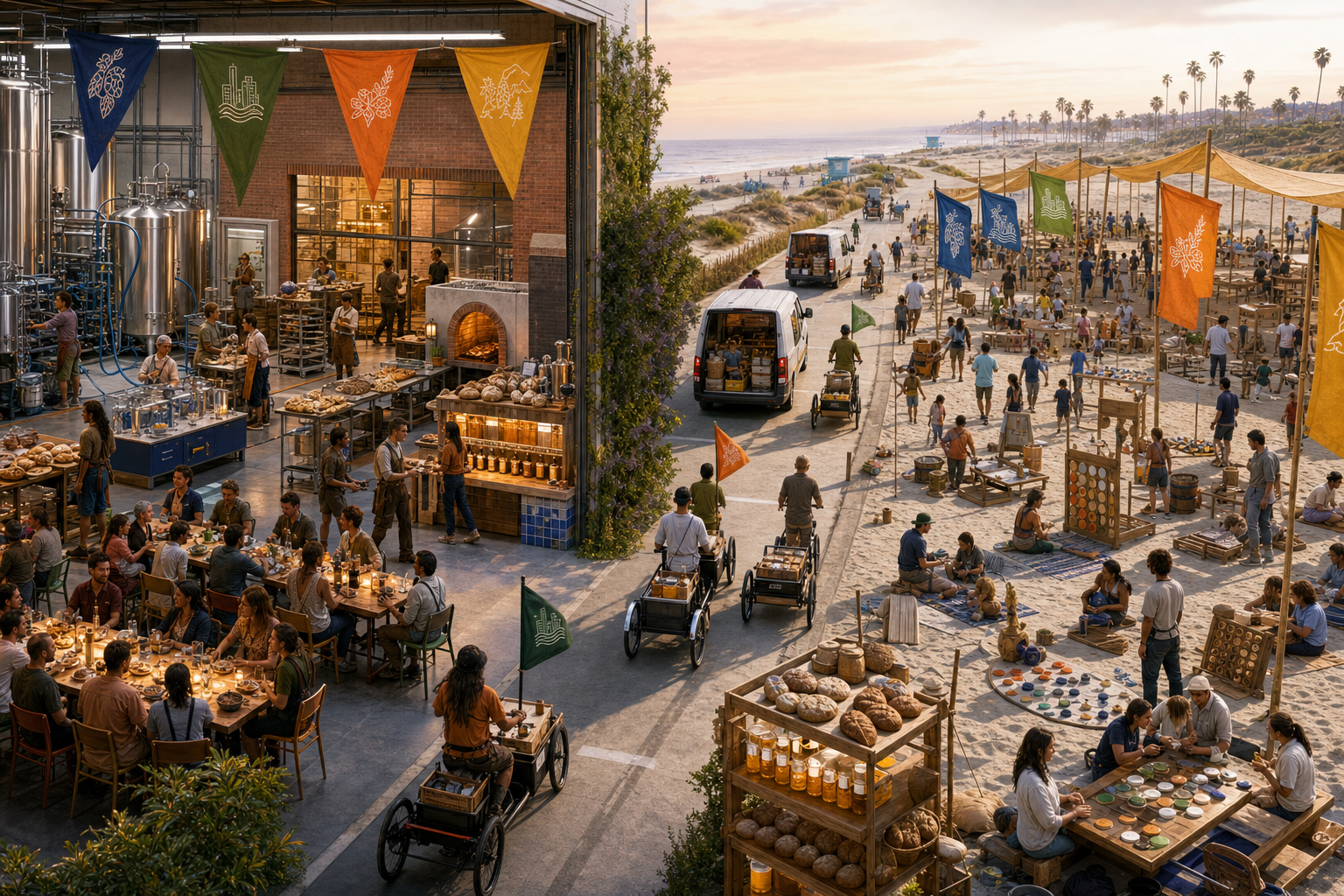 A split landscape connects a licensed inland brewhouse to an alcohol-free Dockweiler games and picnic chapter using cargo bikes, accessible cycles, and small electric vans.