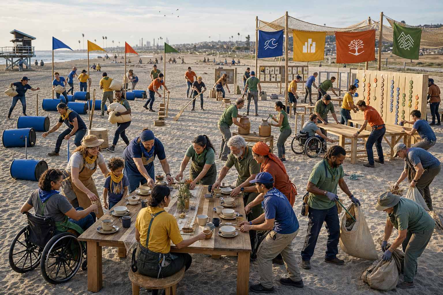 Four colorful teams play alcohol-free utility games on the beach with lightweight foam barrels, fabric sacks, wooden paddles, water jugs, a table-building puzzle, ceramic scores, and a cleanup sweep.