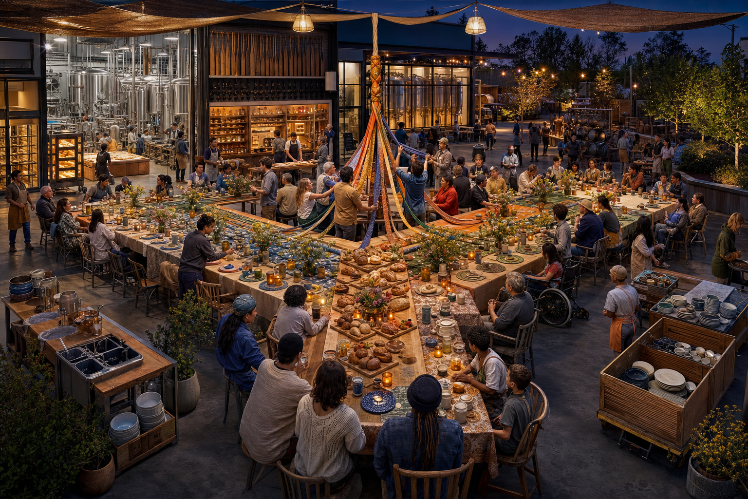 At blue hour four regional tables join into one enormous accessible table beside the licensed brewhouse as people share bread, honey, food, water, small drinks, music, tool return, washing, and a braided team standard.