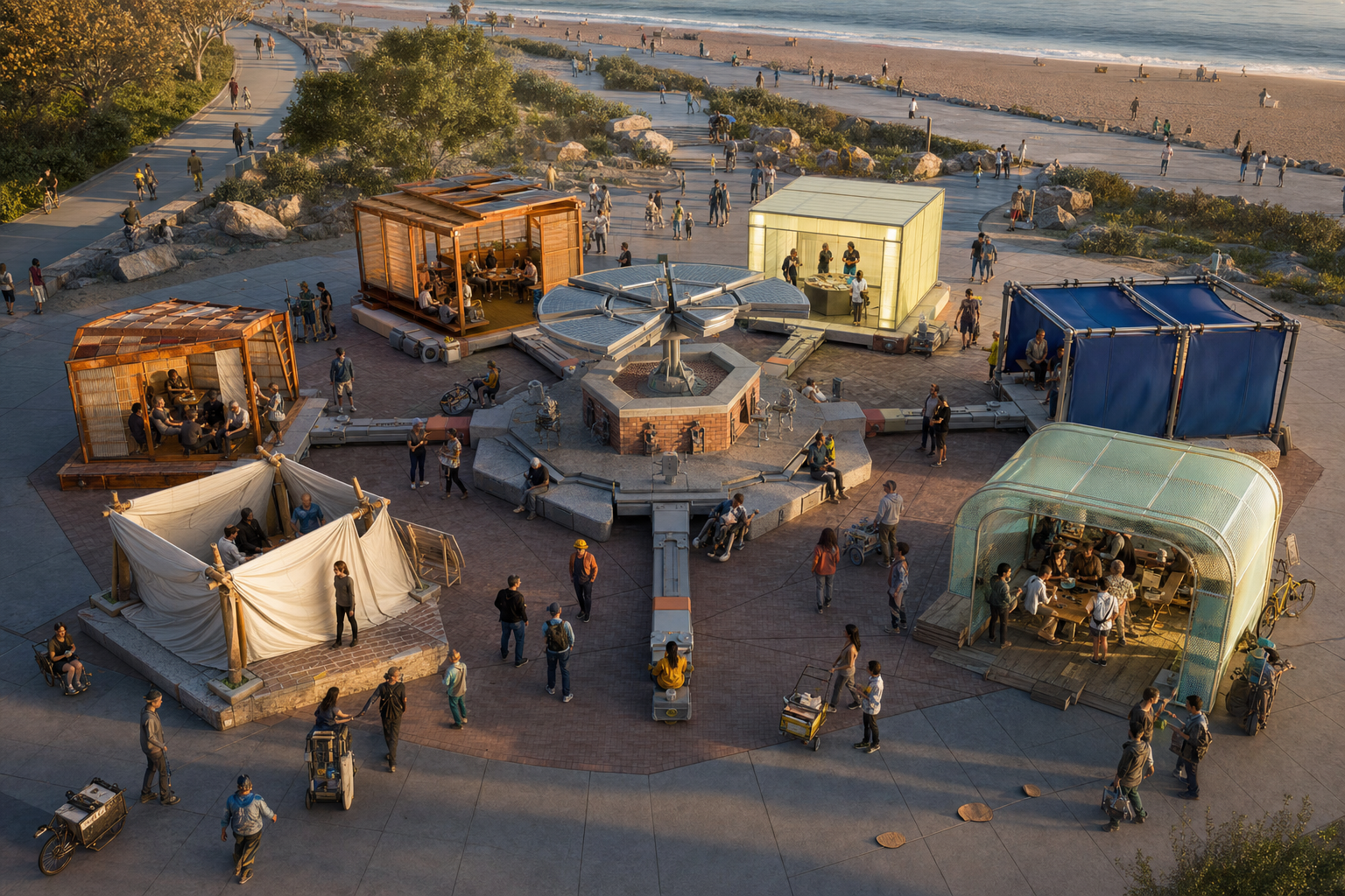 A durable brick, stone, and precast coastal hardpoint connects to six distinct temporary material houses while broad public paths remain open.