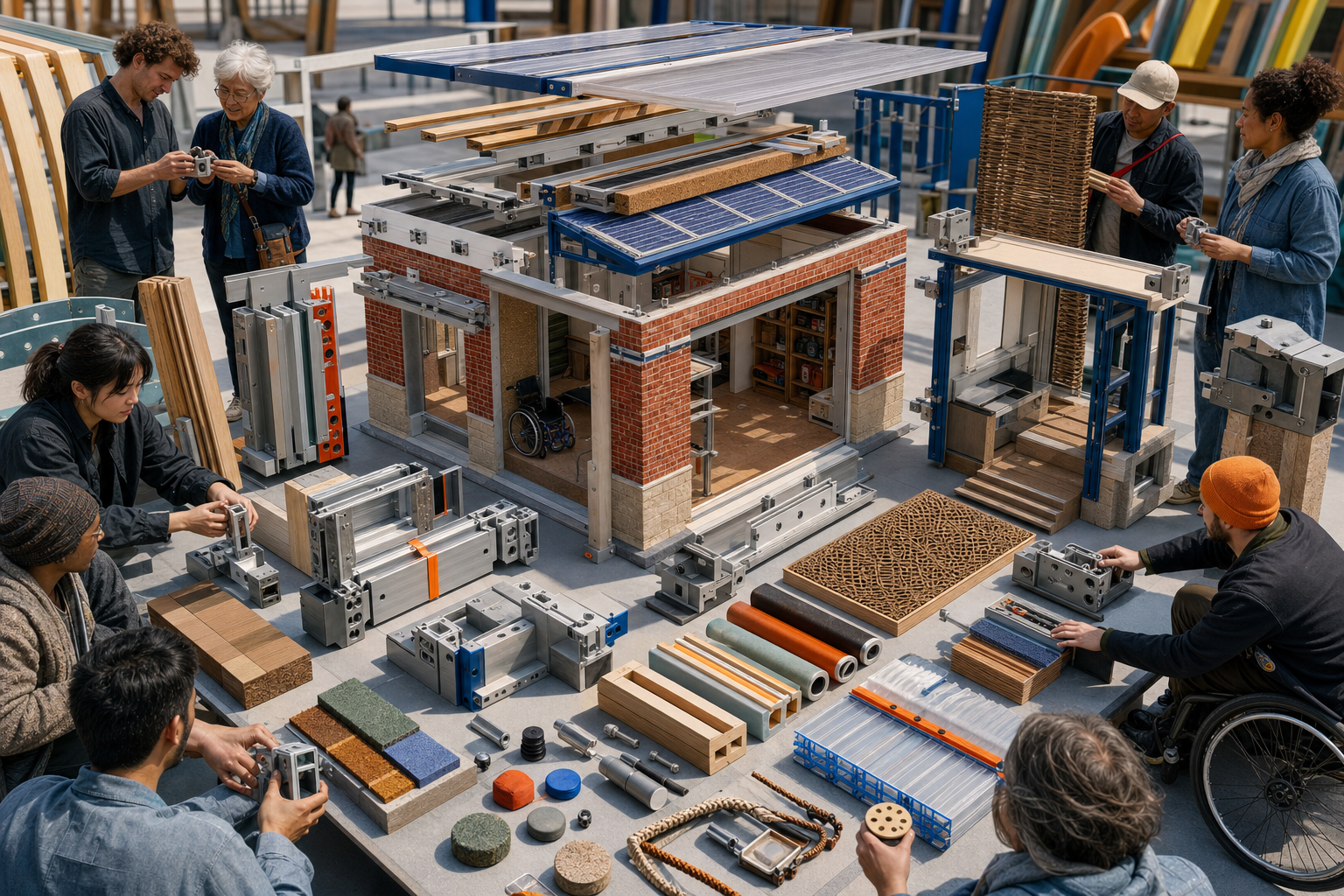 A physical architectural model table explodes the masonry hardpoint, connector rail, timber, metal, composite, fabric, cork, and woven components.