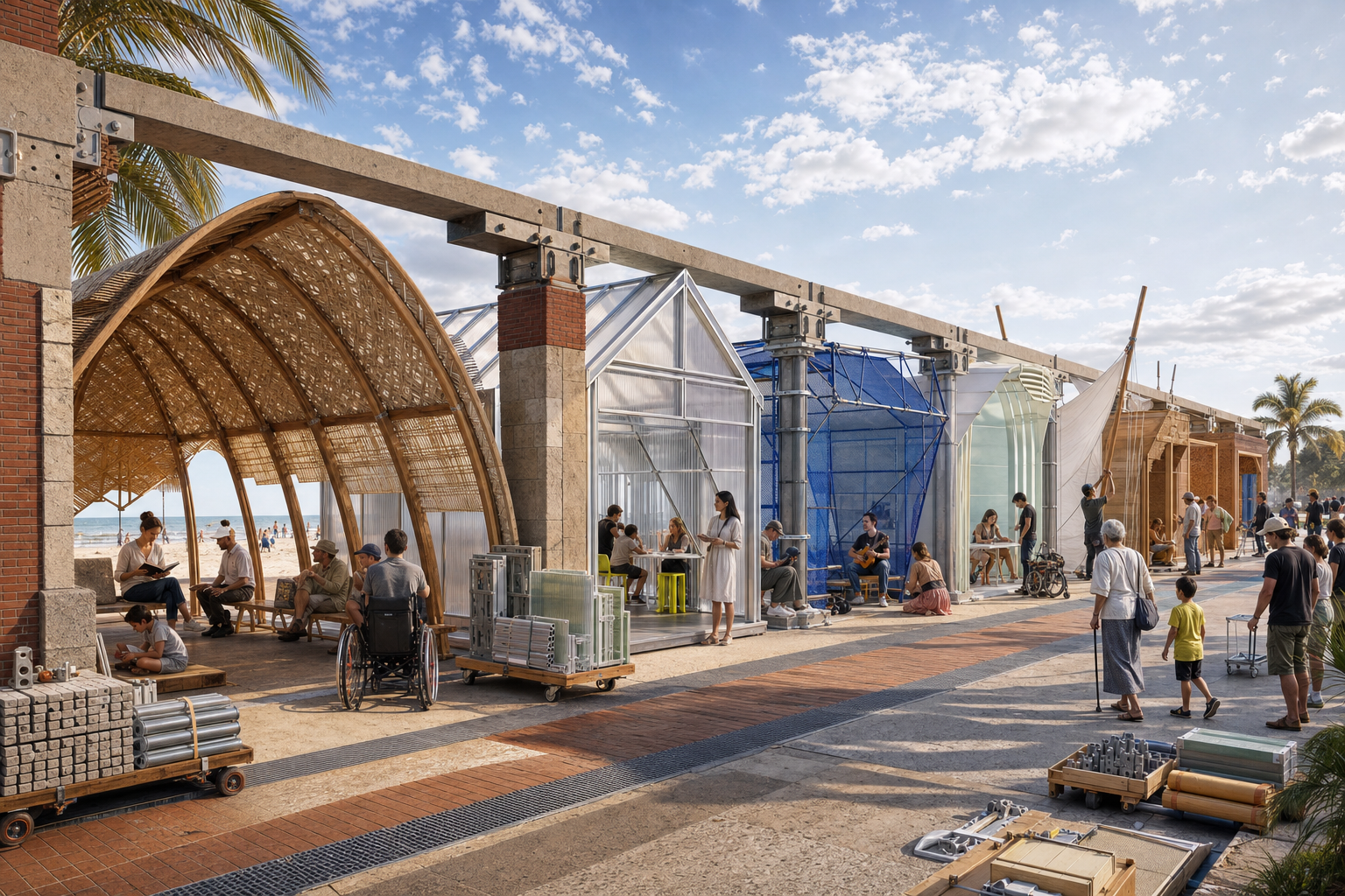 Six temporary coastal rooms use protected timber, aluminum, coated steel, fiberglass, sailcloth, cork, palm, mesh, and translucent panels.