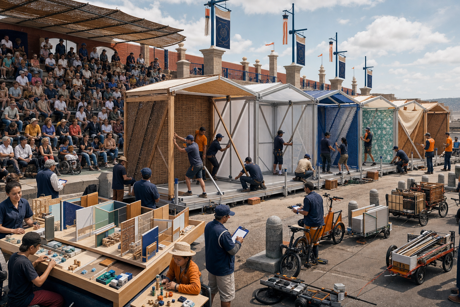 Six teams calmly raise temporary rooms from cargo bikes, handcarts, and compact trailers while inspectors and spectators follow the sequence.