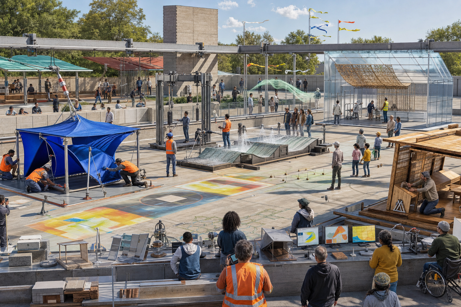 A controlled architectural proof ground measures shade, airflow, drainage, accessibility, glare, and connection behavior without exposing the public to extreme weather.