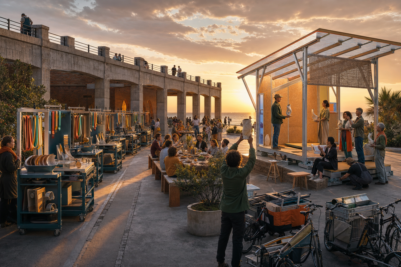 At sunset dismantled kits return to compact carts while a temporary hybrid room demonstrates the best season lessons beside an immaculate hardpoint.