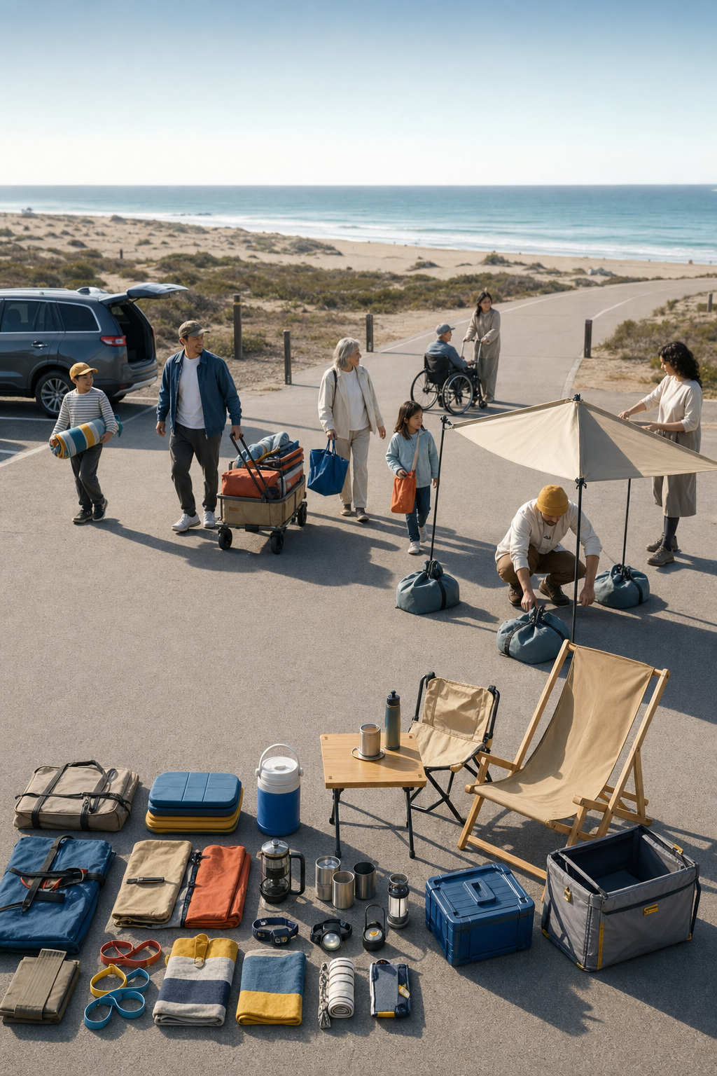 An intergenerational group arrives by handcart while a compact family of design-forward public-life objects forms a precise coastal inventory.